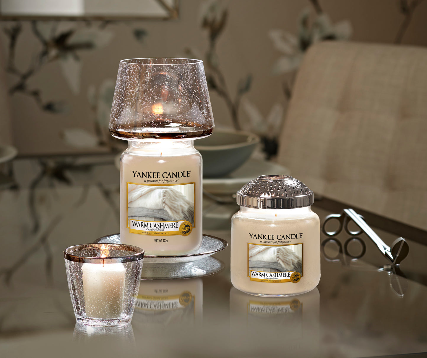 KENSINGTON -Yankee Candle- Paralume e Piatto Grande Banda Metallica su Vetro