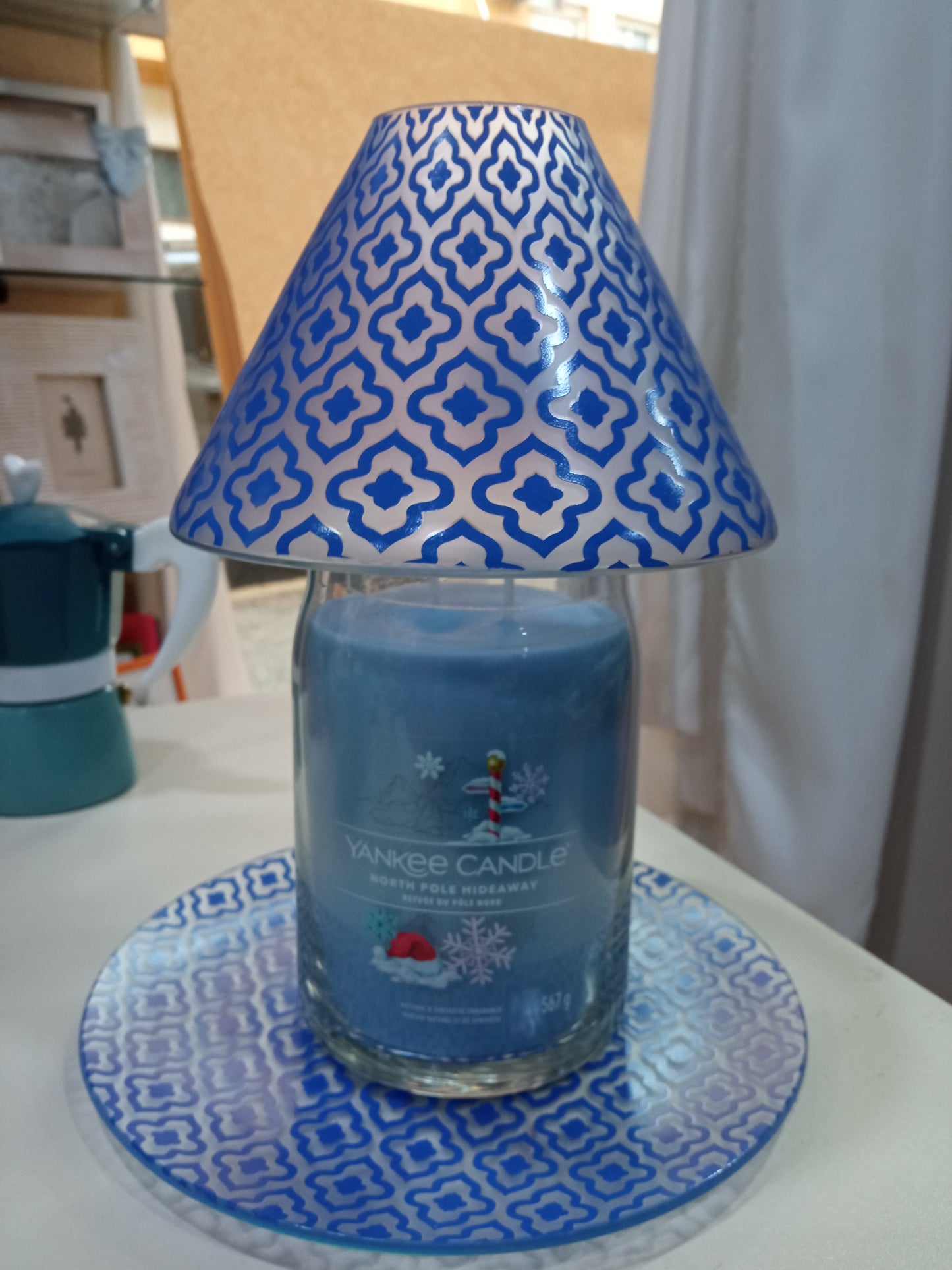 MILANO-Yankee Candle- Paralume e Piatto VETRO disegni blu
