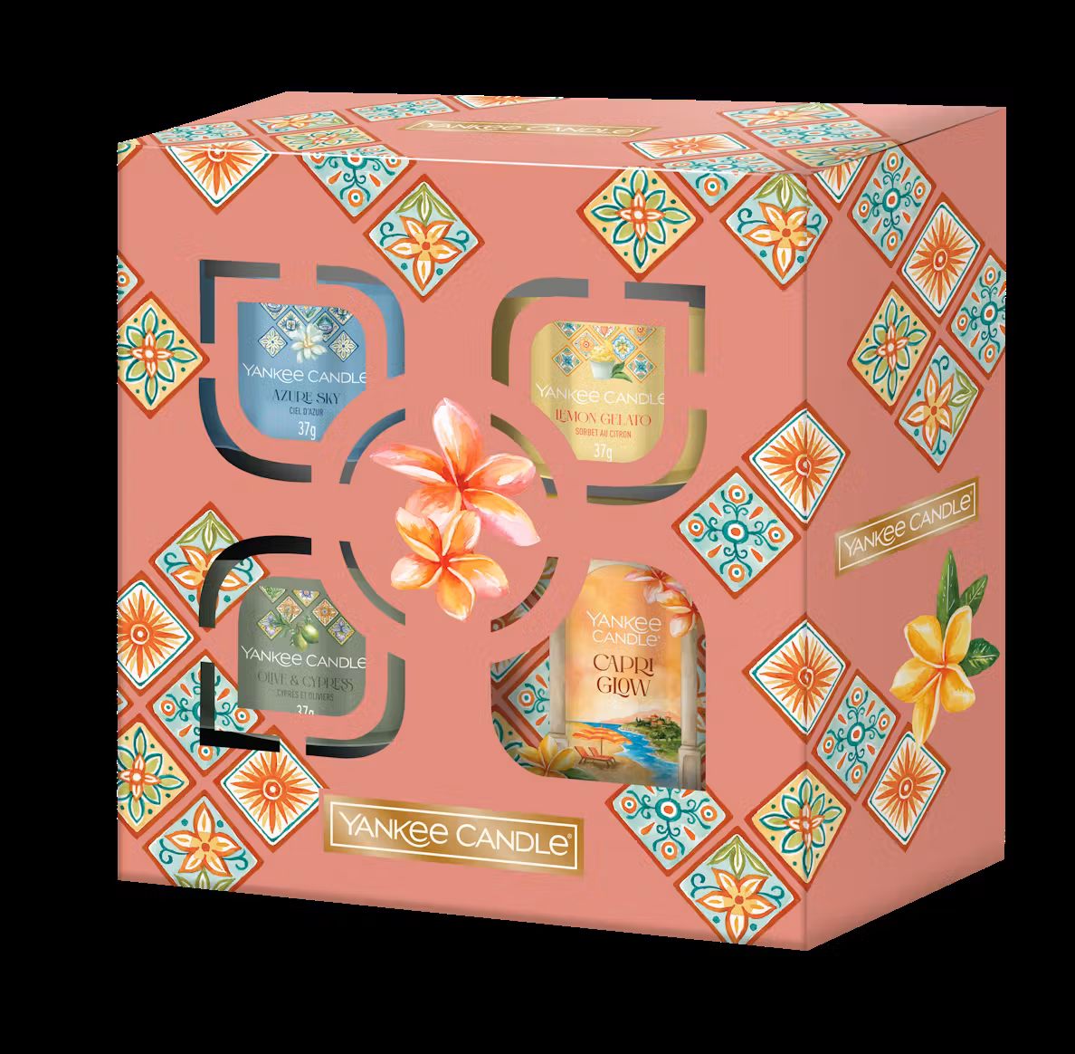1 CANDELA PICCOLA E TRE CANDELE VOTIVA IN VETRO -Hello Italy! - Yankee Candle - Confezione Regalo