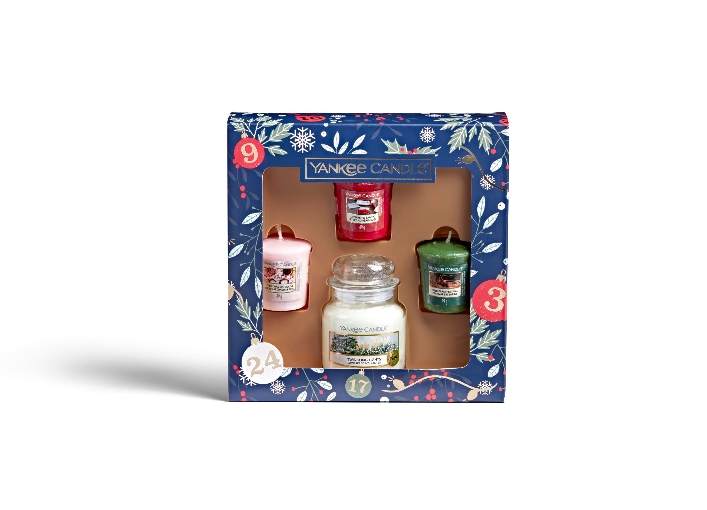 SET 1 GIARA PICCOLA E 3 CANDELE SAMPLER -Yankee Candle- Confezione Regalo Countdown to Christmas